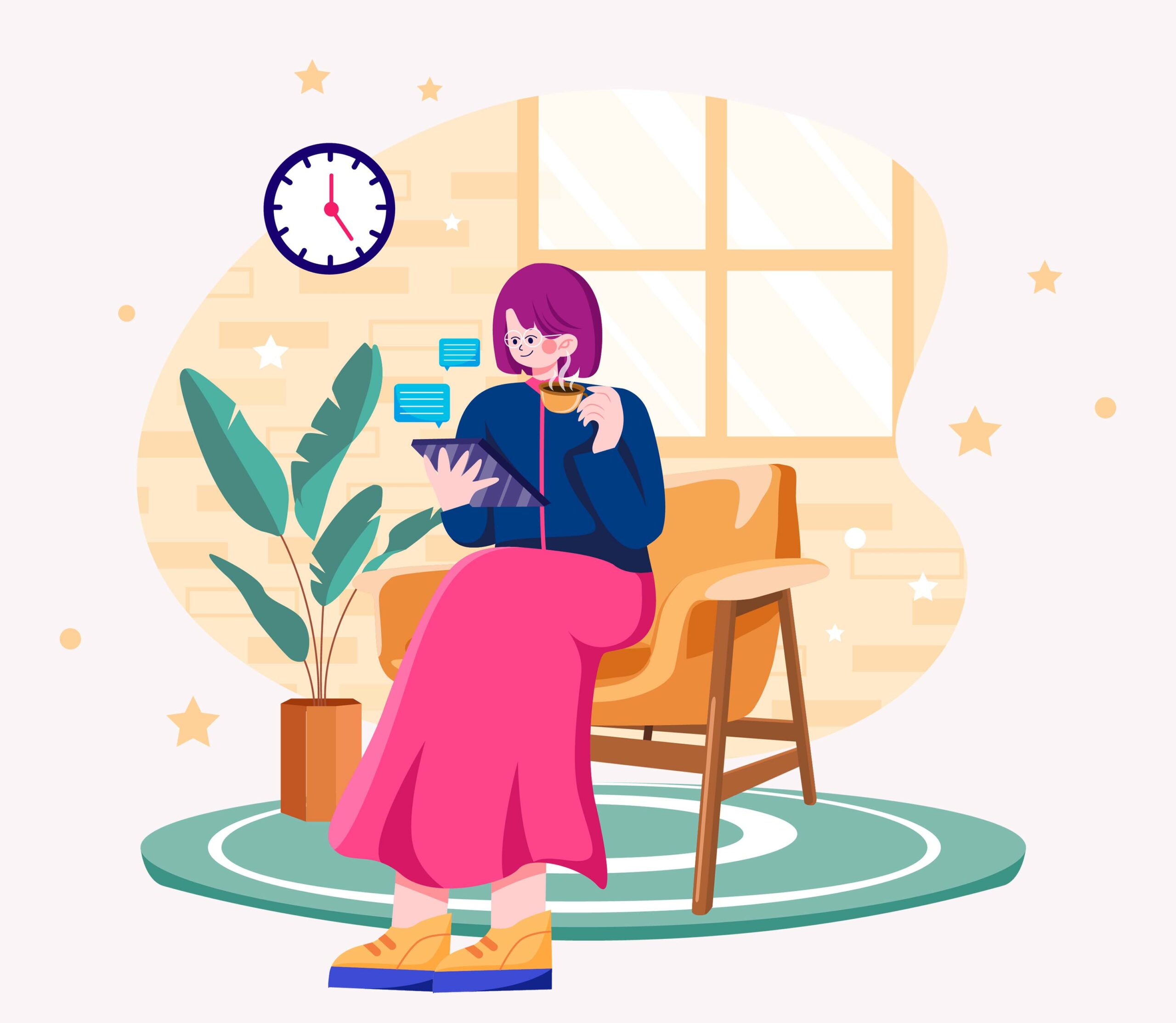 Eine Illustration, die eine Frau zeigt, die auf einem Sessel sitzt und sich etwas im Tablet anschaut. Dabei trinkt sie einen Kaffee