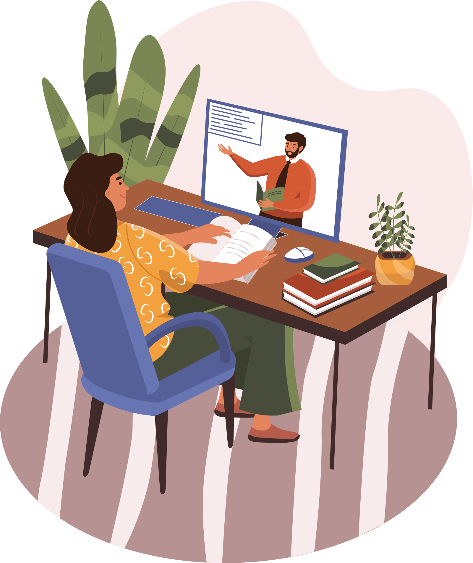 Eine Illustration zeigt eine Frau in einem virtuellen Meeting; sie sitzt an einem Schreibtisch und schaut auf einen Bildschirm, auf dem ein Mann präsentiert. Auf dem Tisch liegen Bücher, ein Notizbuch und eine Tasse; im Hintergrund sind Zimmerpflanzen.