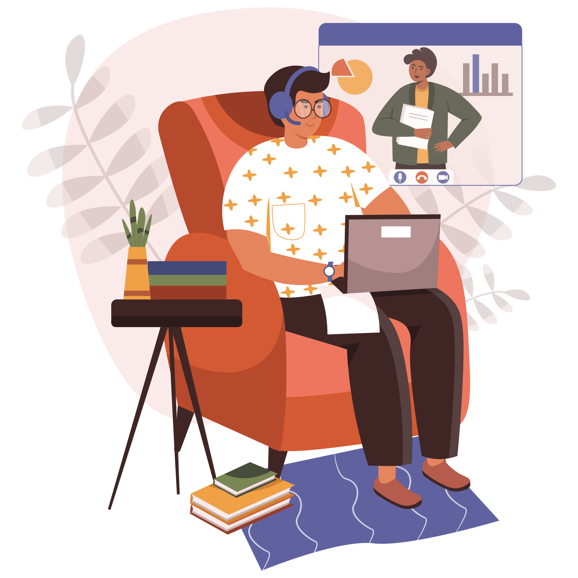 Ein illustriertes Bild zeigt eine Person, die in einem orangefarbenen Sessel sitzt und auf einem Laptop arbeitet. Ein virtuelles Meeting ist auf dem Bildschirm zu sehen, und neben dem Sessel steht ein kleines Tischchen mit Pflanzen und Büchern.