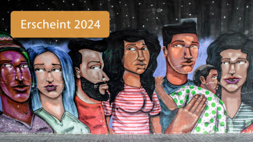 Buntes Wandgemälde mit Porträts von sechs stilisierten Figuren und der Aufschrift "Erscheint 2024". Das Kunstwerk zeigt individuelle Charaktere mit verschiedenen Hautfarben und Frisuren, die stellvertretend für kulturelle Diversität stehen könnten.